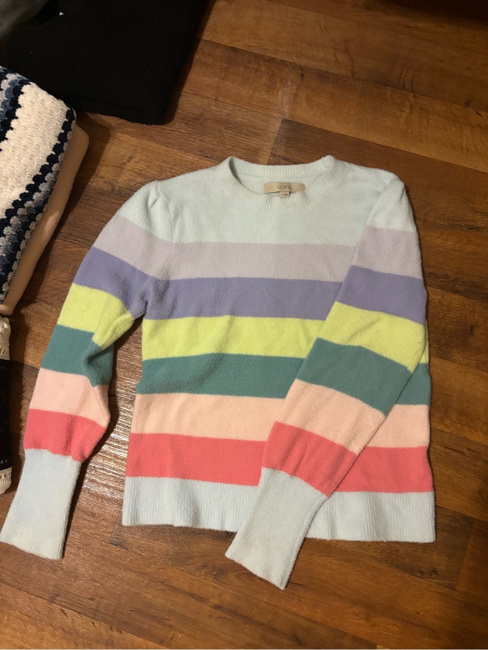 LOFT Cashmere Pastel Multicolor Stripe Crewneck Sweater